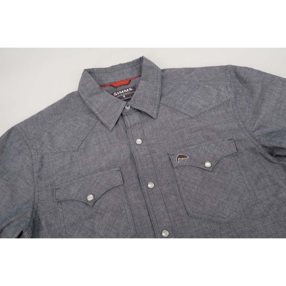 Simms No-Tellum Pearl Snap Shirt Mens Small Admiral Blue Chambray Short Sleeve